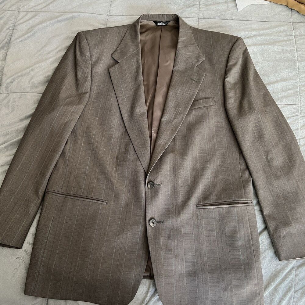 Perry Ellis Mens Brown‎ Pinstripe Suit Jacket Blazer 42R Vintage Sport Coat Fit